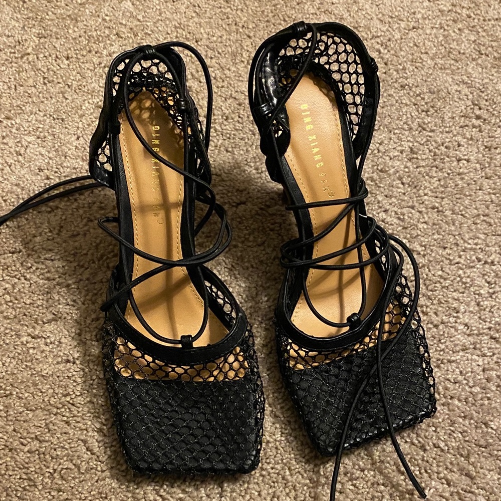 Black Mesh Lace-Up Heels